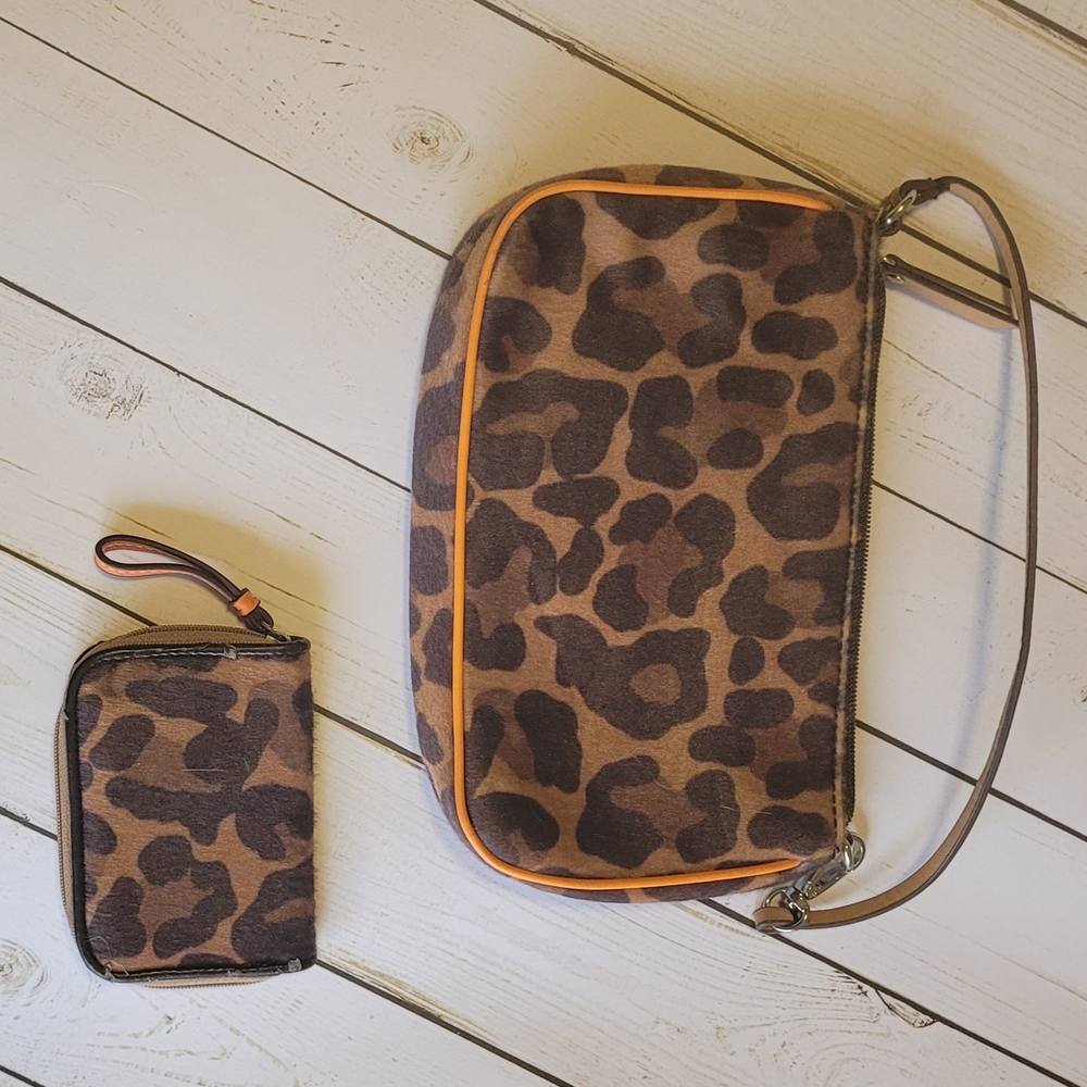 LOFT Brown and Orange Leopard Print Clutch and Wristlet Set